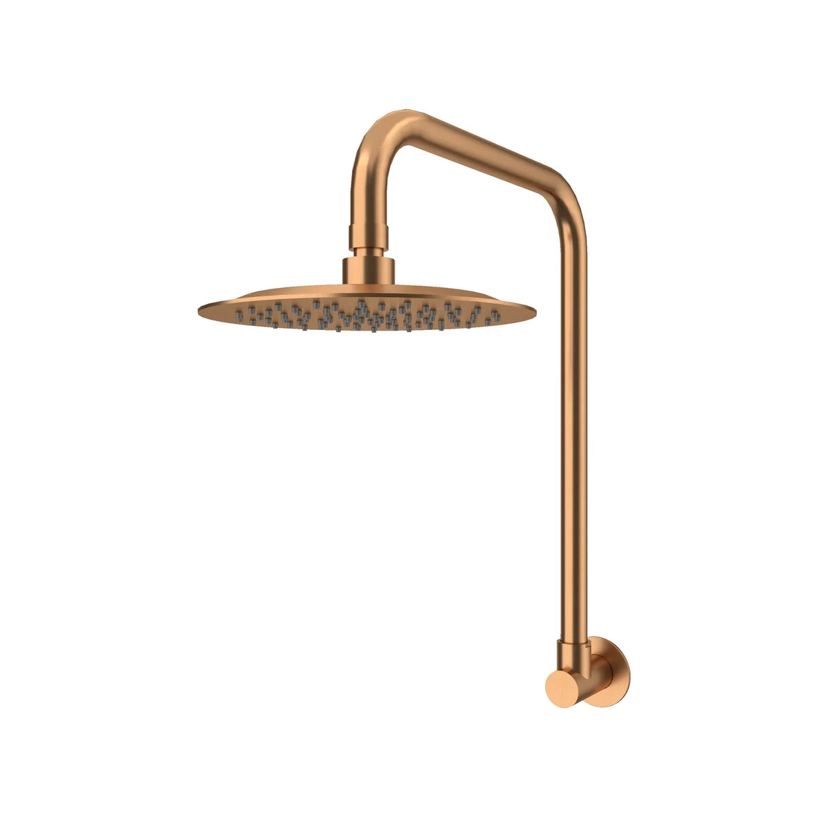 AMOZA 304 stainless steel round rainfall shower head with wall-mounted gooseneck shower arm in Brushed Copper finish