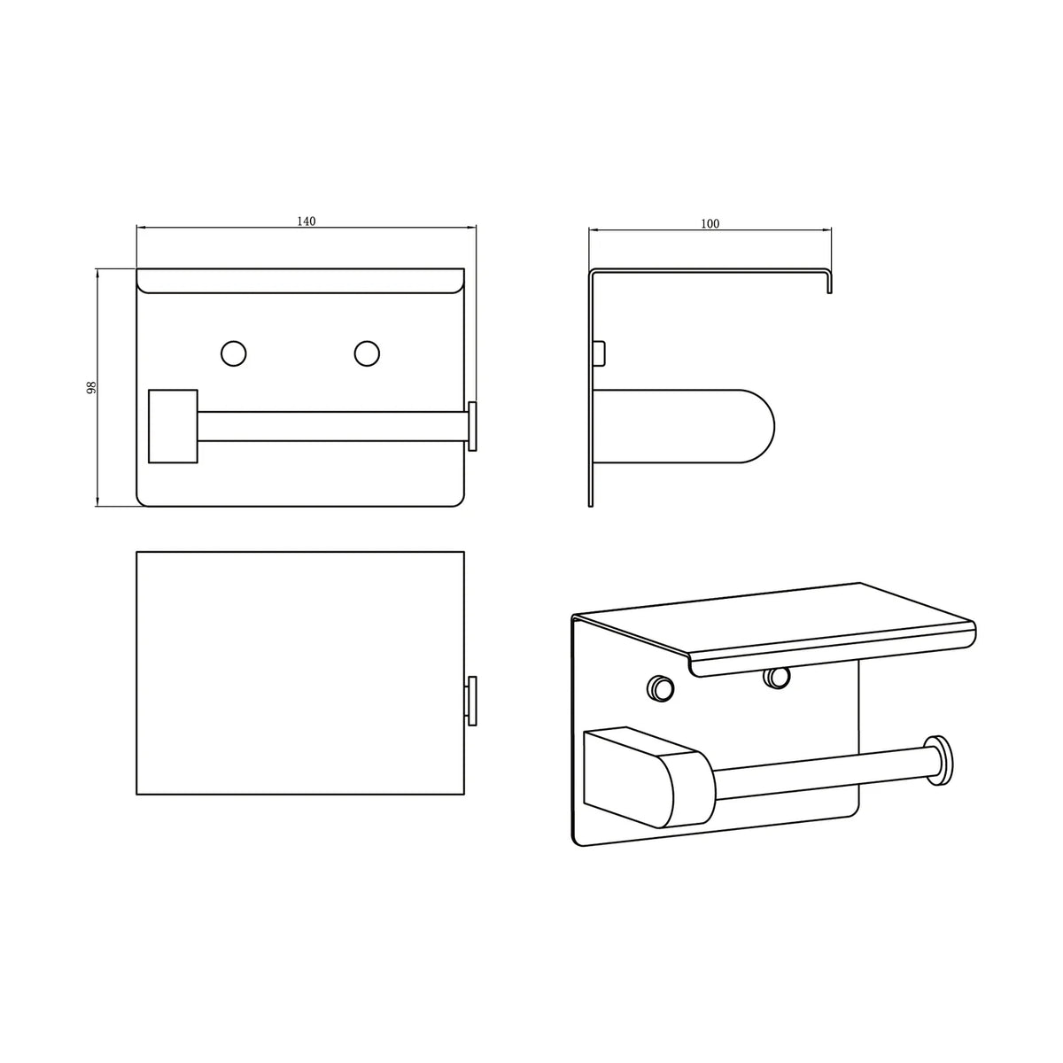 Technical dimension and measurement diagram for Amoza 2-in-1 Toilet Roll Holder with Shelf AM-AC205 series