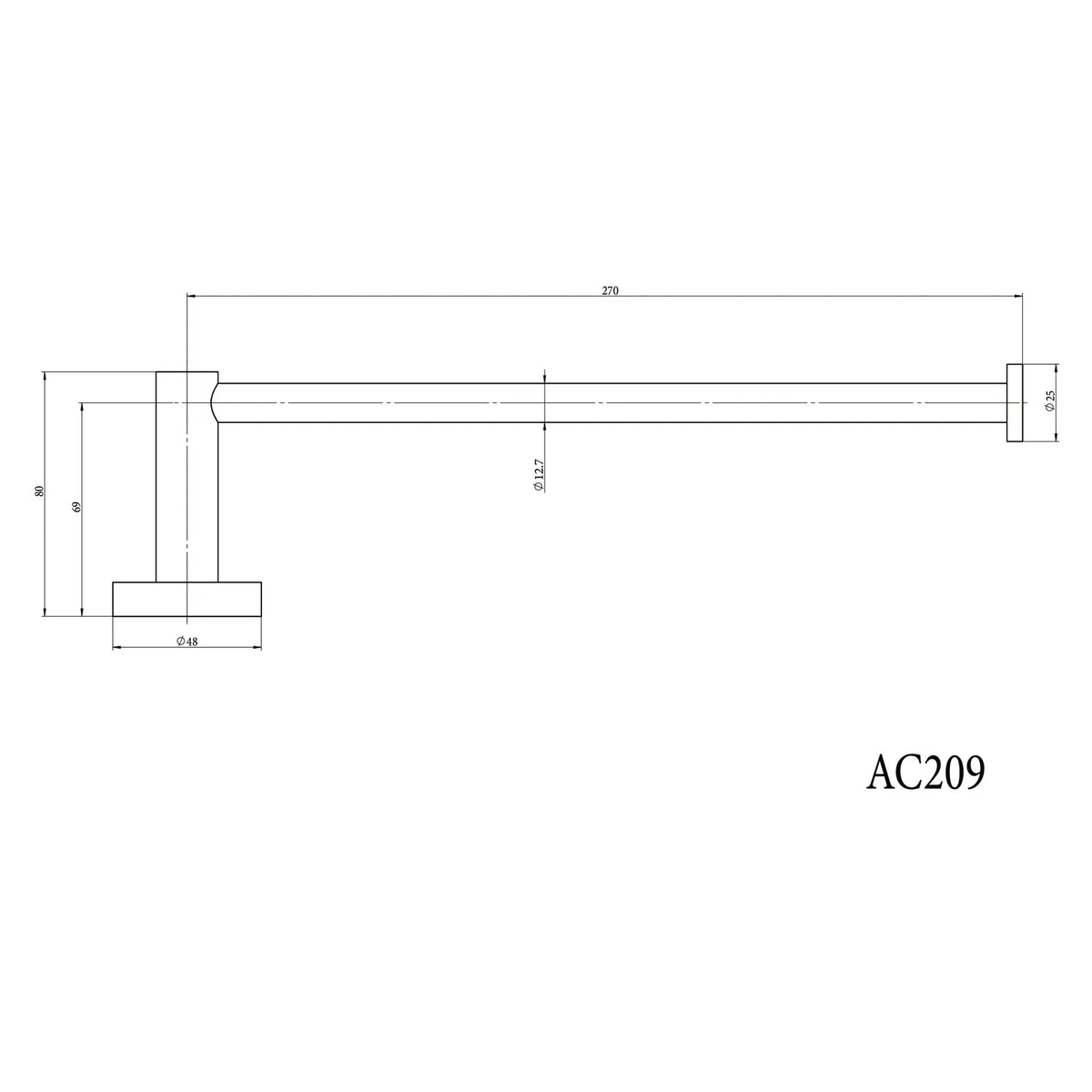 Technical dimension diagram for Amoza Towel Holder AM-AC209 series