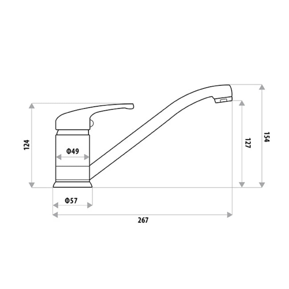 Amoza Trade Sink Mixer dimensions diagram. Showing total height, 267mm spout reach, and swivel clearance for the chrome kitchen tap.