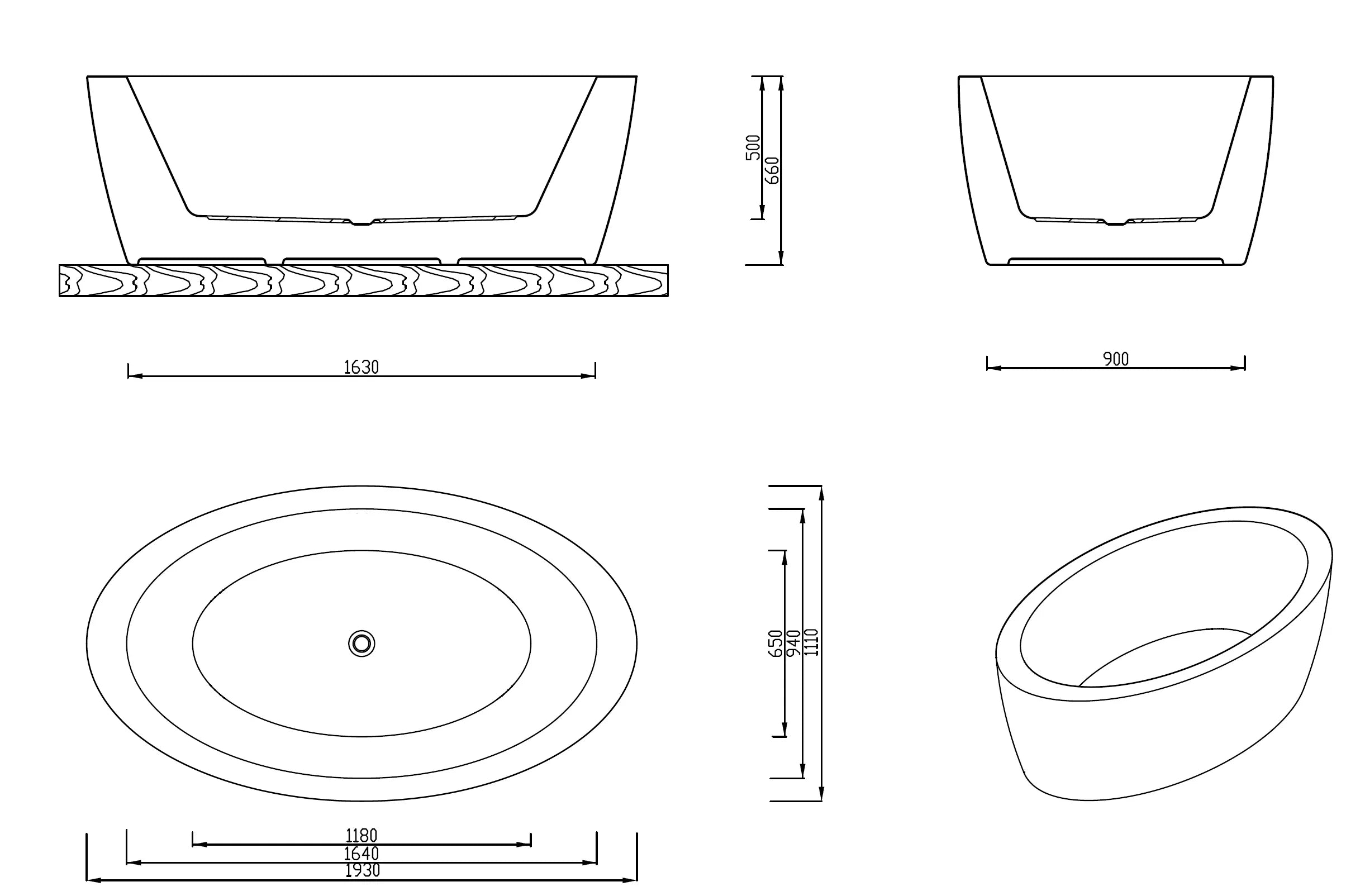 Technical diagram showing dimensions for the Broadway Aplauso Oval Spa 1930x1110x600mm