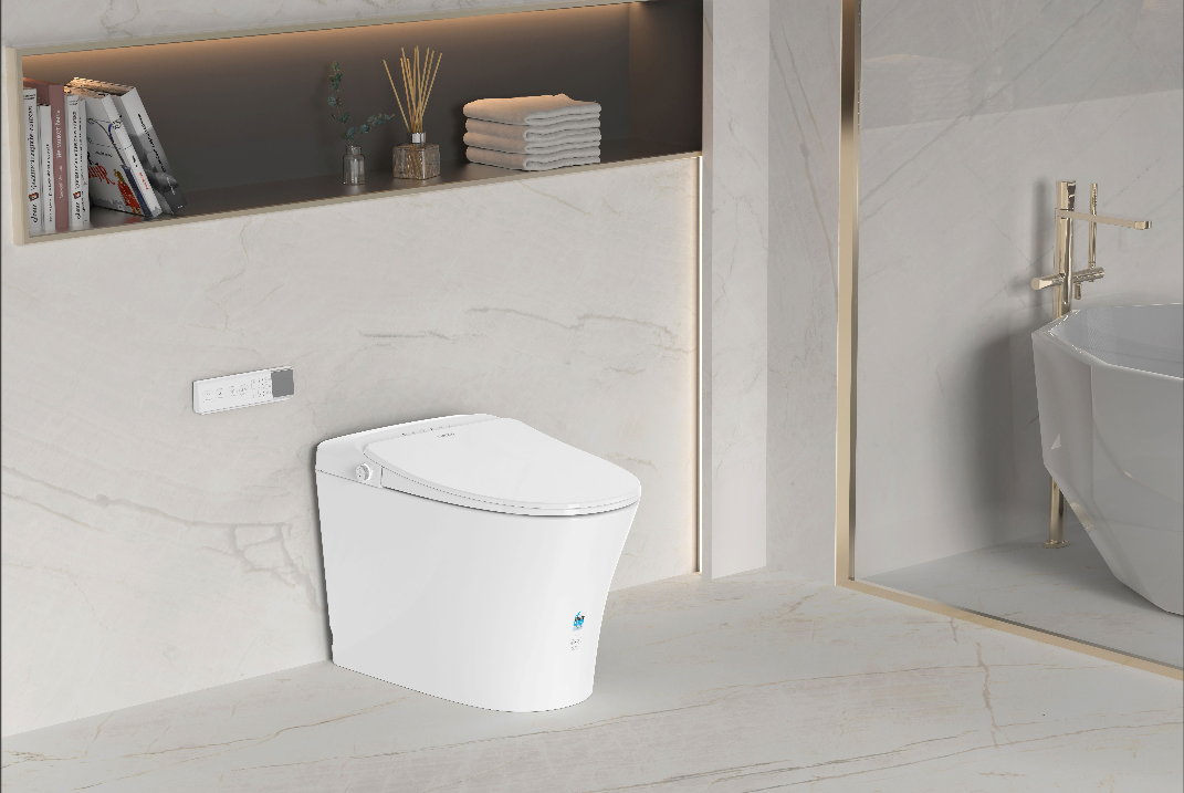 Contemporary white toilet in modern bathroom with marble wall and floor tiles