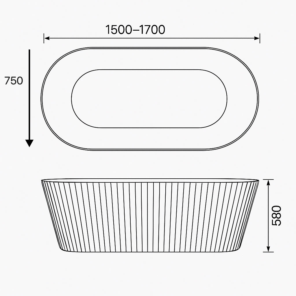 Sunny 111 1500–1700×750×580mm Fluted Gloss White / Gloss Black Oval Acrylic Freestanding Bathtub