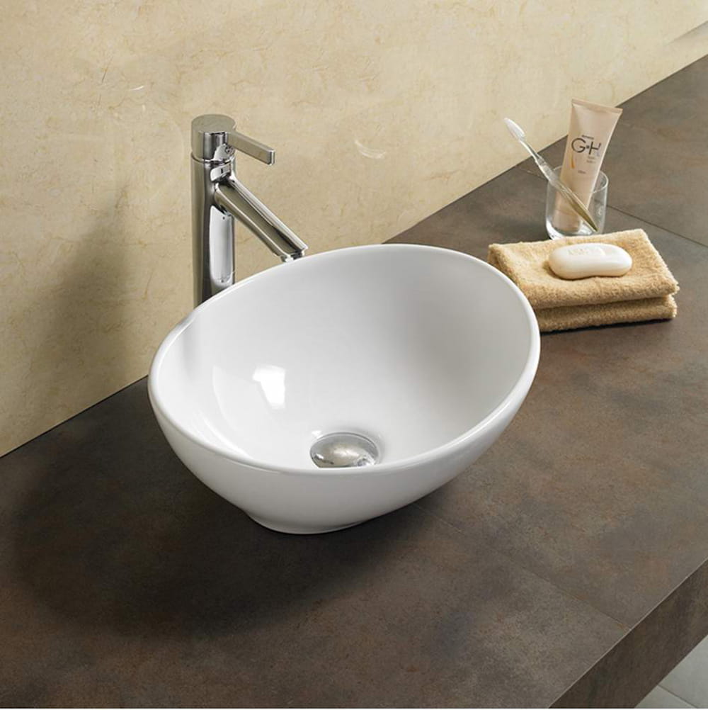 Lukka Birch 410mm Oval Fine Ceramic Above Counter Basin (LK-BA410) in Gloss White, featuring a sleek, no-overflow design