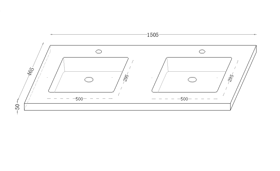 1500mm Double Basin Sintered Stone Vanity Top technical drawing with 12 o'clock tap hole