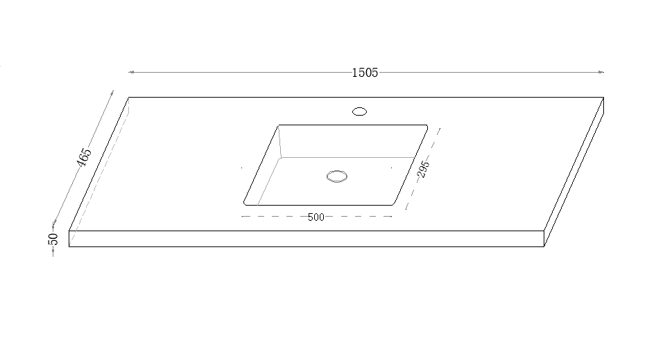 1500mm Single Basin Sintered Stone Vanity Top technical drawing with 12 o'clock tap hole