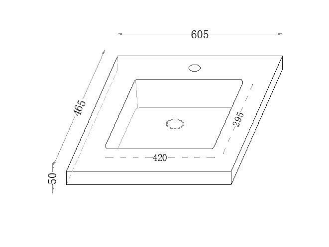 Technical drawing for Blanco 600mm Sintered Stone Vanity Top with 12 o'clock tap hole