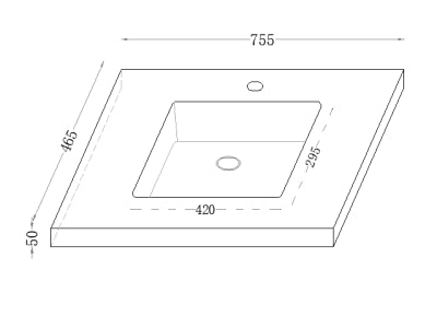 Technical drawing for Blanco 750mm Sintered Stone Vanity Top with 12 o'clock tap hole