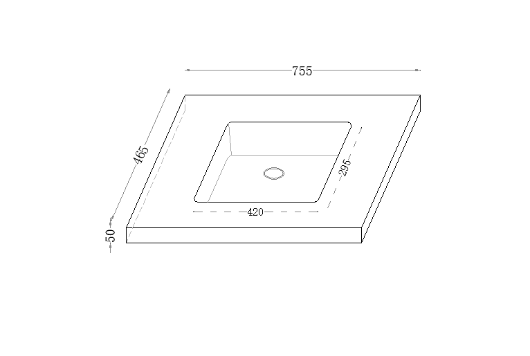 Technical drawing for Blanco 750mm Sintered Stone Vanity Top with no tap hole