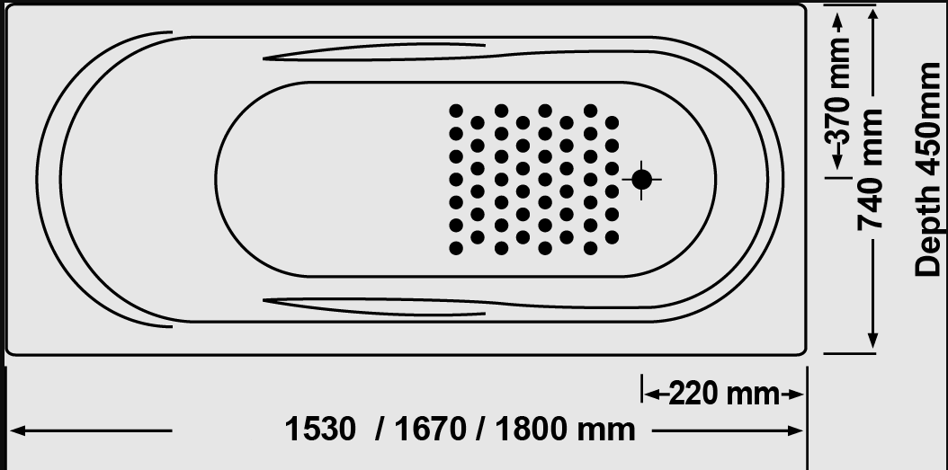 Technical diagram showing dimensions and plumbing specifications for the Broadway Allura Drop-in Spa Bathtub (multiple sizes).