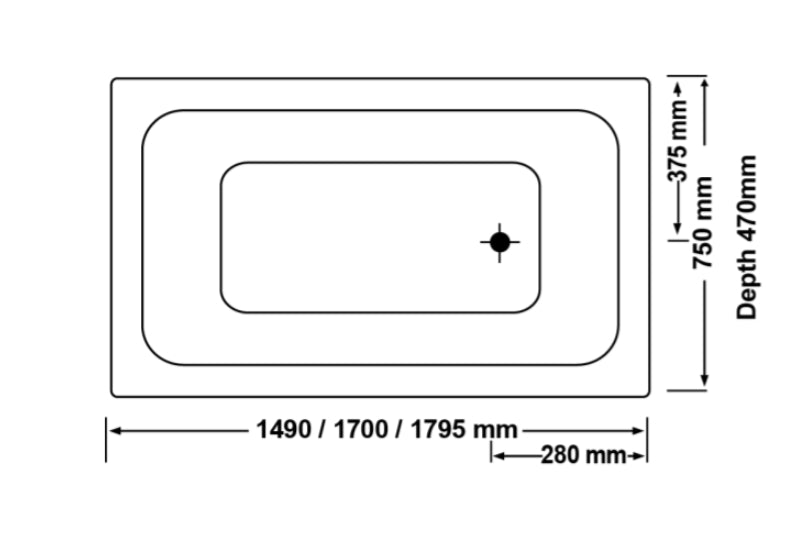 Technical diagram showing dimensions and plumbing specifications for the Broadway Alpha Drop-in Rectangular Spa Bathtub (multiple sizes).