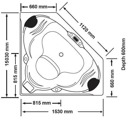 Technical diagram showing the dimensions, pump positions, and specifications for the Cordoba 1530mm Corner Spa Bathtub.