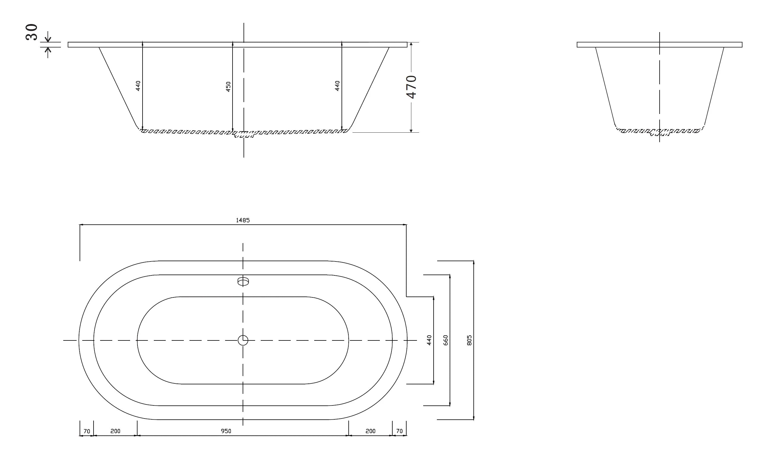 Technical diagram showing dimensions and plumbing specifications for the Broadway Florentine Oval and Round Spa Bath options.