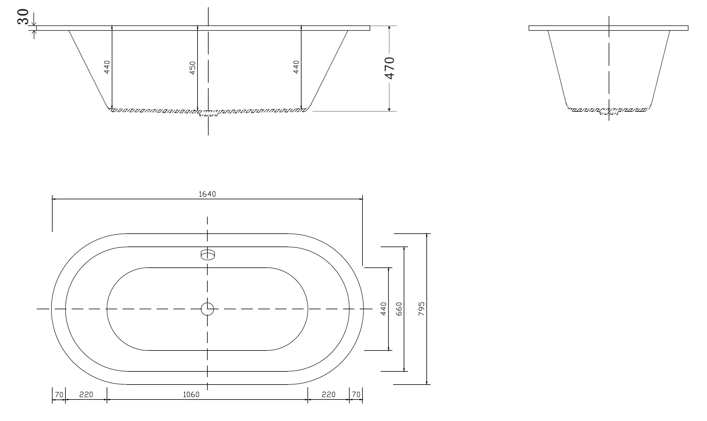 Technical diagram showing dimensions and plumbing specifications for the Broadway Florentine 1640mm Oval and Round Spa Bath options.