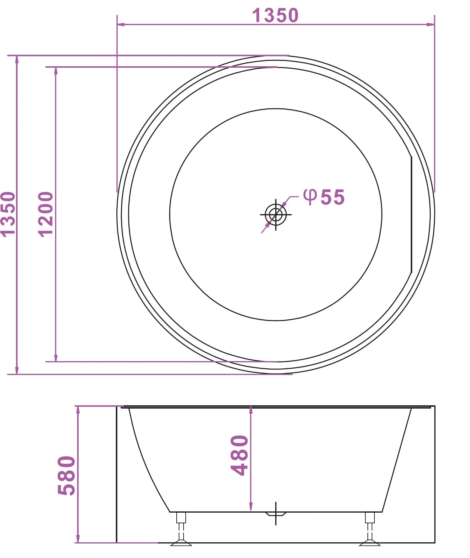 broadway-fs19-1350-round-spa-bath-installation-guide-dimensions