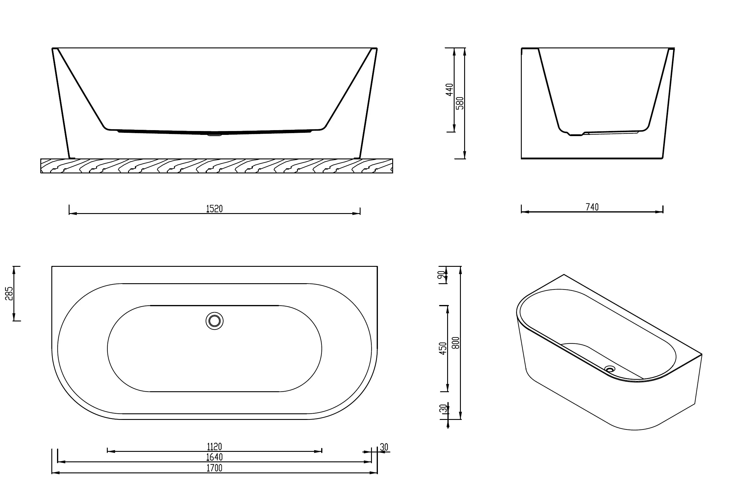 broadway-fs36-back-to-wall-spa-Technical drawing of a rectangular bathtub with dimensions