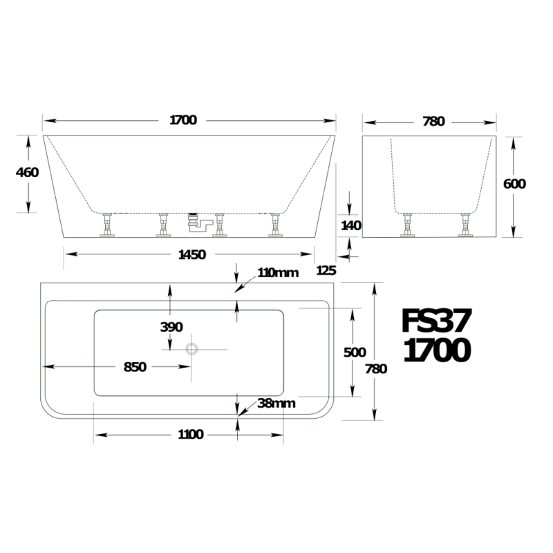 Technical diagram showing dimensions, plumbing, and installation specifications for the Broadway FS37 1700mm Back to Wall Spa Bath.