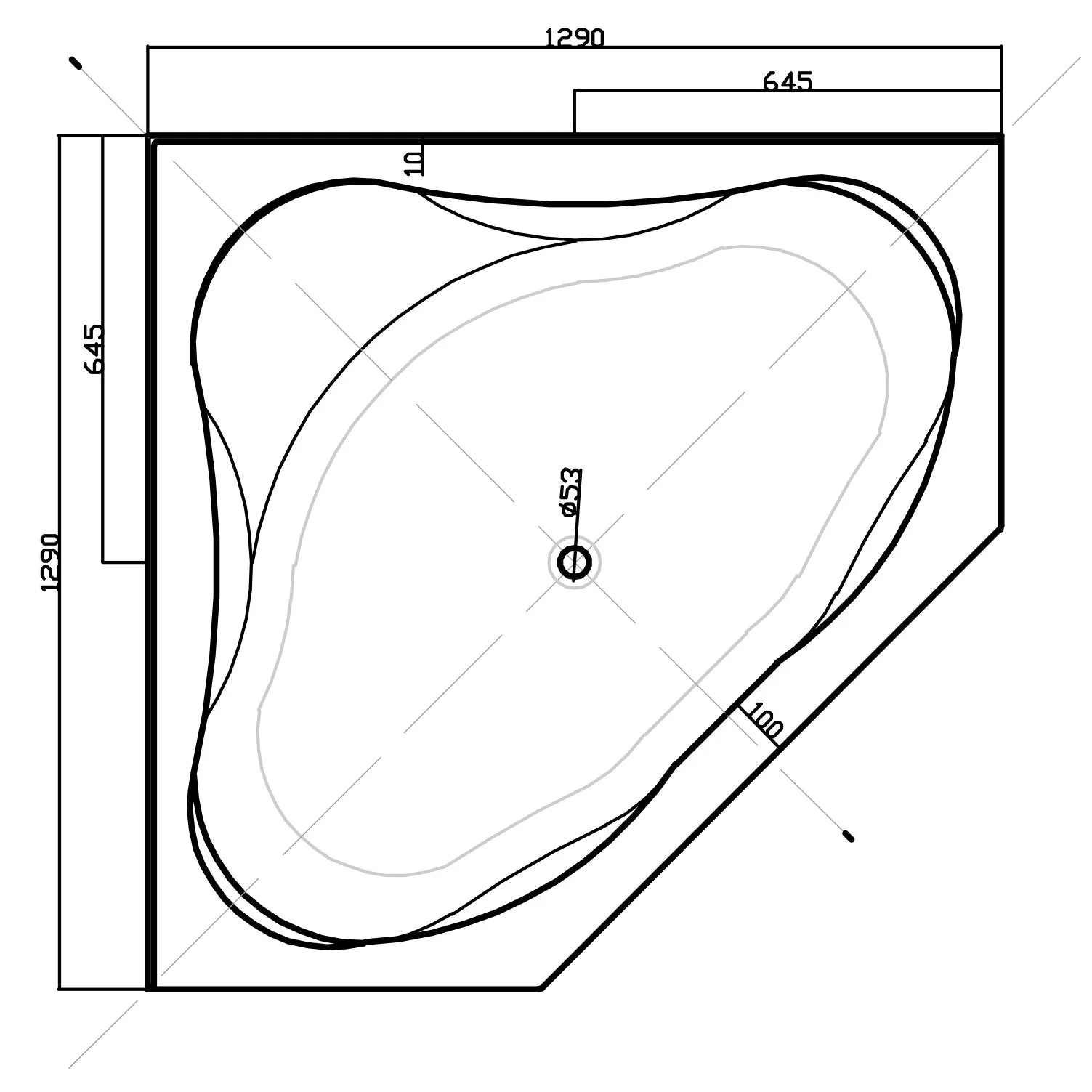 Technical dimensions diagram for the Broadway FS53 corner bathtub 1290x1290mm