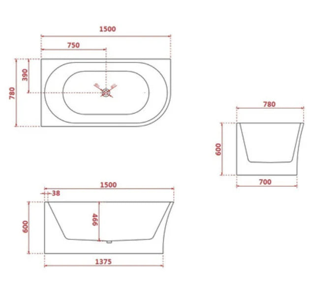 Technical diagram showing dimensions, plumbing, and installation specifications for the Broadway FS7 1500mm Back to Wall Spa Bath.