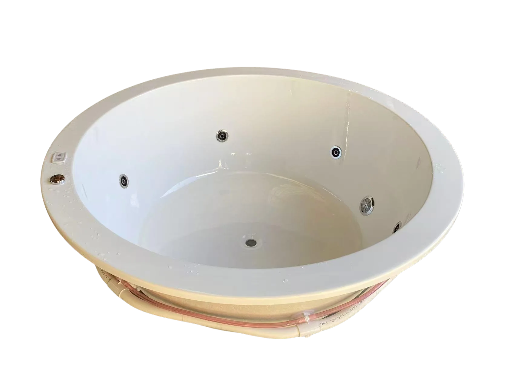 Broadway Lucena 1495mm Round Spa Bathtub inside its protective foam and plastic packaging, freshly unboxed