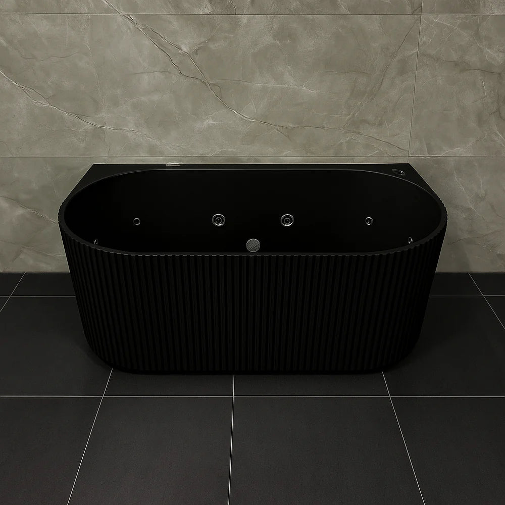 Matt Black Broadway Mallorca Fluted 10 Jets Back To Wall Spa Bath, showing textured side panel.