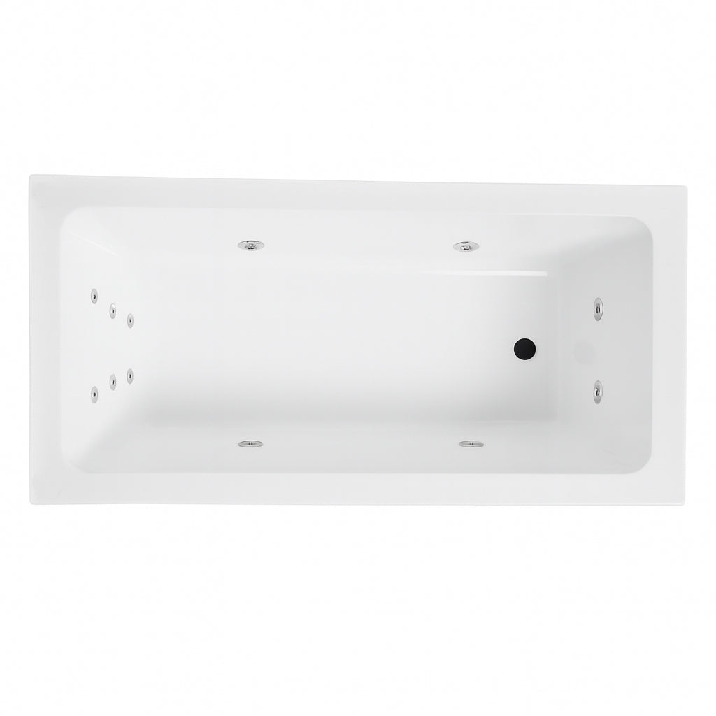 Broadway Tano 1800mm Gloss White Rectangular Drop-in Spa Bath with 6, 10, or 14 adjustable hydrotherapy jets.