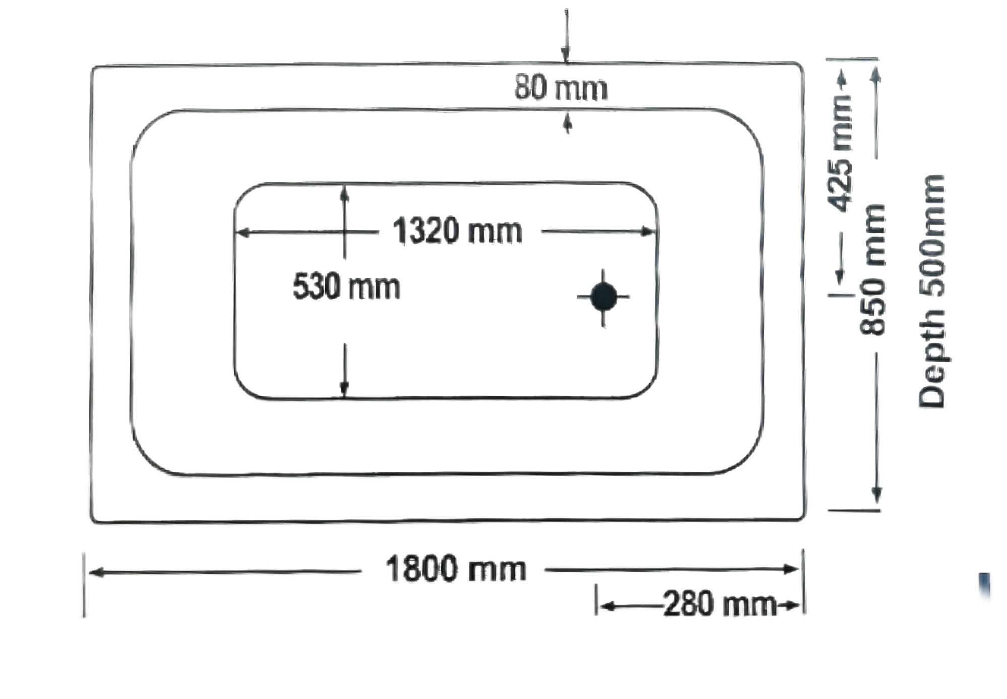 Technical diagram showing all dimensions and plumbing specifications for the Broadway Tano 1800mm Rectangular Drop-in Spa Bath.