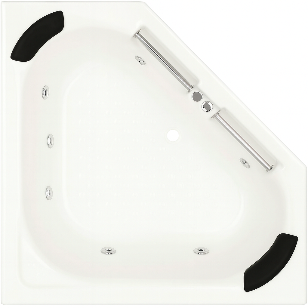 Broadway Villena 1350mm Gloss White Corner Drop-in Spa Bathtub with 6, 10, or 14 adjustable jets.