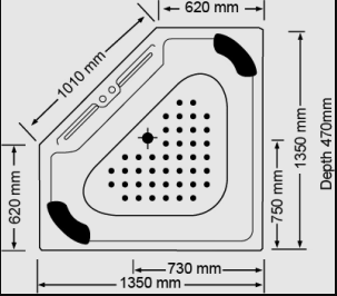 Technical diagram showing dimensions and plumbing specifications for the Broadway Villena 1350mm Corner Bathtub.