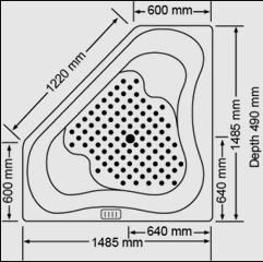 Technical diagram showing all dimensions and plumbing specifications for the Broadway Zamora 1485mm Corner Bathtub