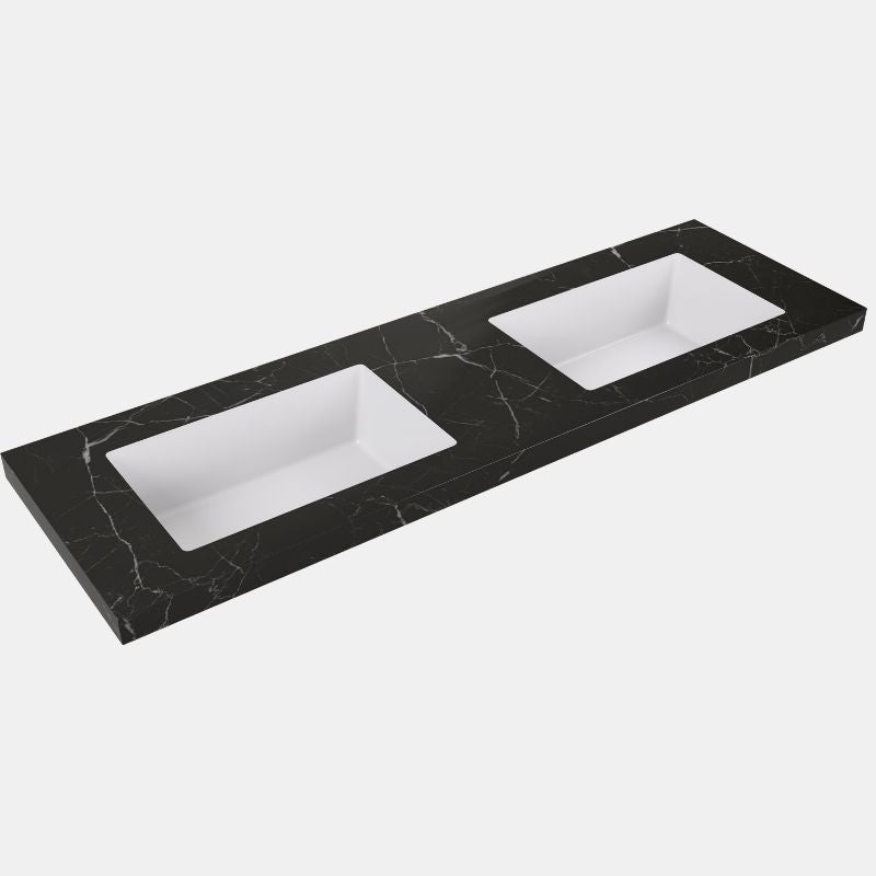 Calacatta Night Black Sintered Stone 1200mm Double Bowl Seamless Joined with Fine Ceramic Basin No Tap Hole