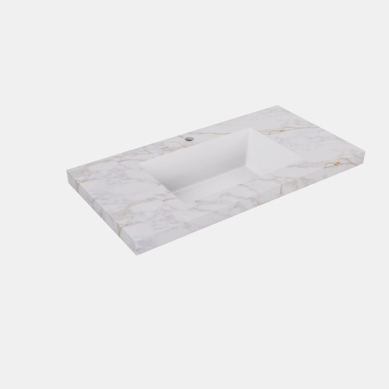 Lukka Carrara Gold 50mm Sintered Stone Seamless Vanity Top with Fine Ceramic Basin | 600-1500mm