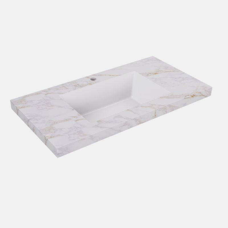 Lukka Carrara Gold 50mm Sintered Stone Seamless Vanity Top with Fine Ceramic Basin | 600-1500mm