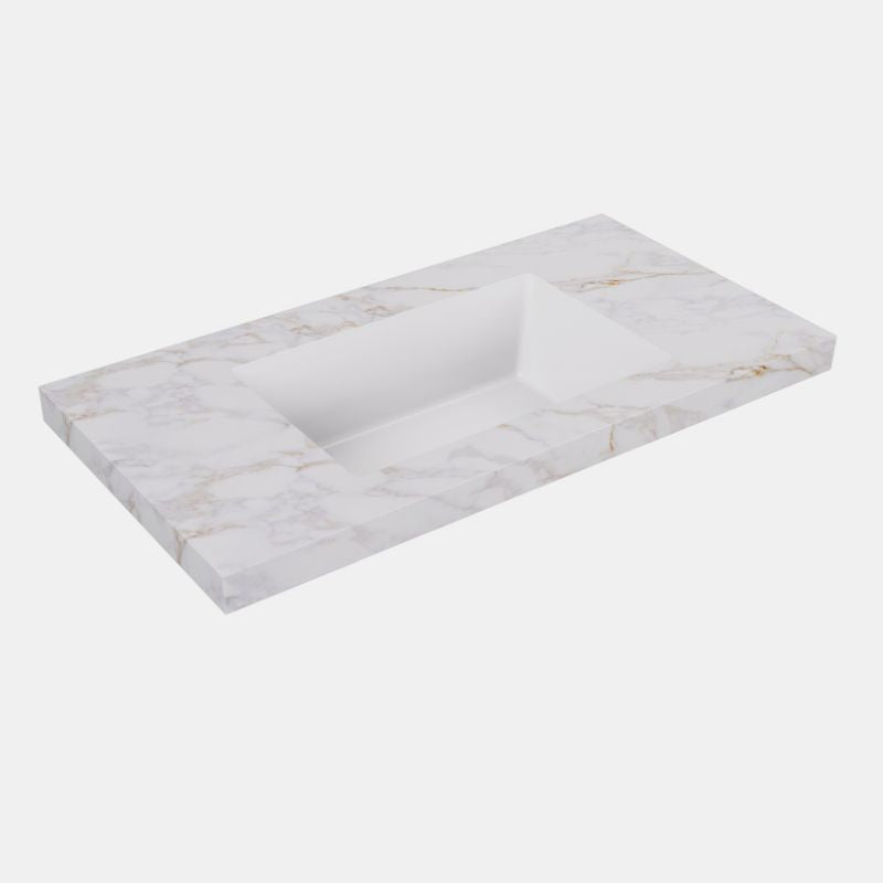 Lukka Carrara Gold 50mm Sintered Stone Seamless Vanity Top with Fine Ceramic Basin | 600-1500mm