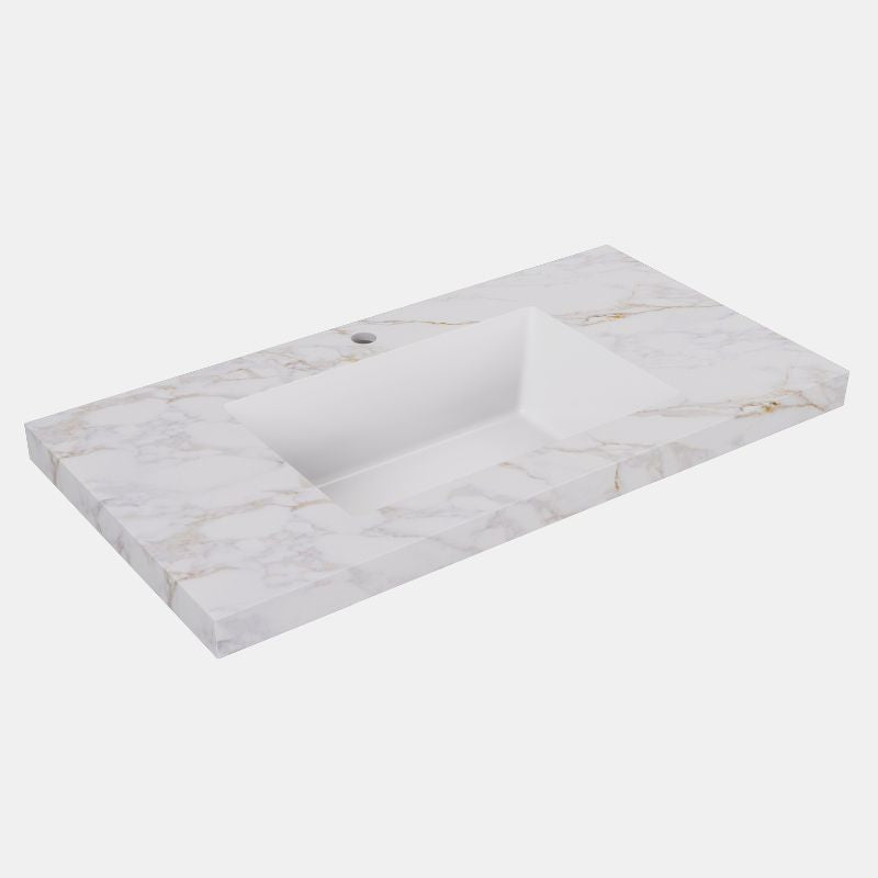 Lukka Carrara Gold 50mm Sintered Stone Seamless Vanity Top with Fine Ceramic Basin | 600-1500mm