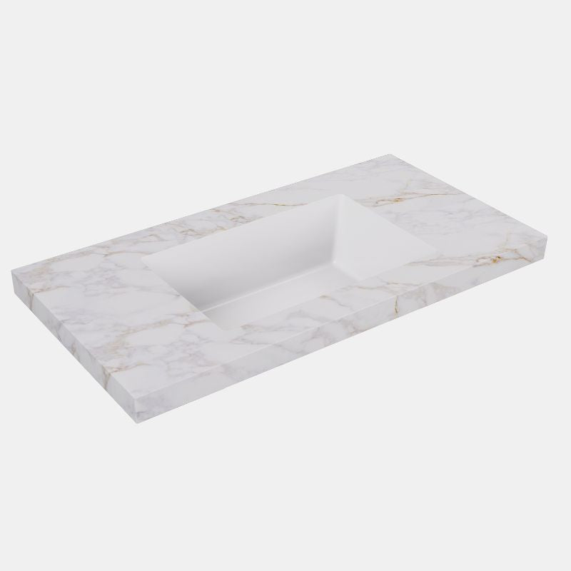 Lukka Carrara Gold 50mm Sintered Stone Seamless Vanity Top with Fine Ceramic Basin | 600-1500mm