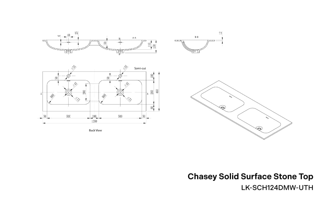 Lukka Chasey Solid Surface Undermount Vanity Top | 600mm-1800mm | Matt White / Matt Black