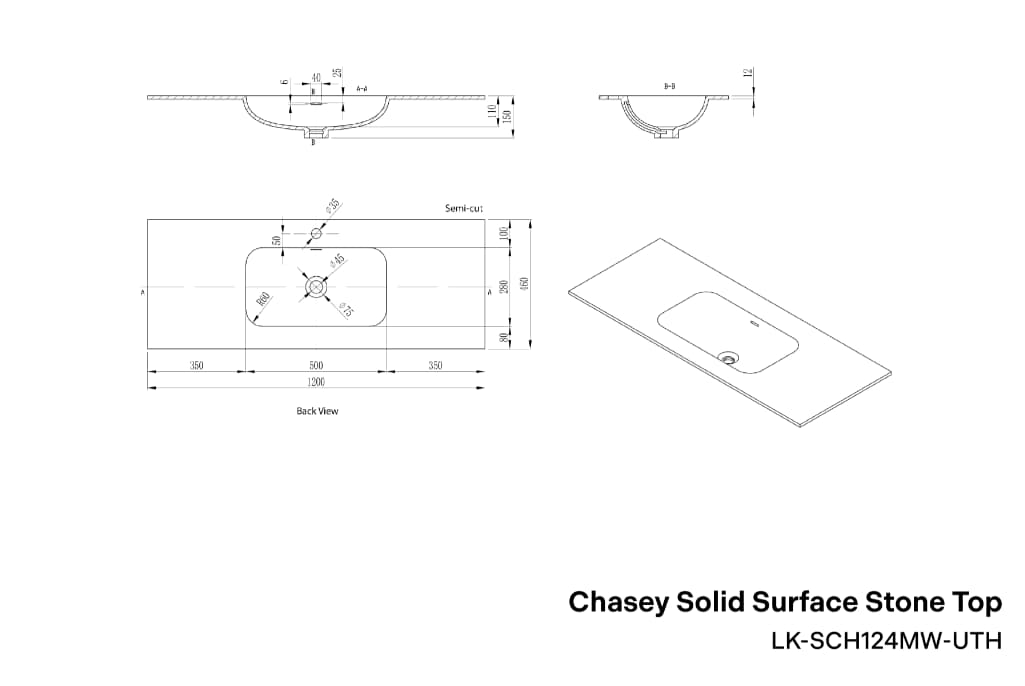 Lukka Chasey Solid Surface Undermount Vanity Top | 600mm-1800mm | Matt White / Matt Black