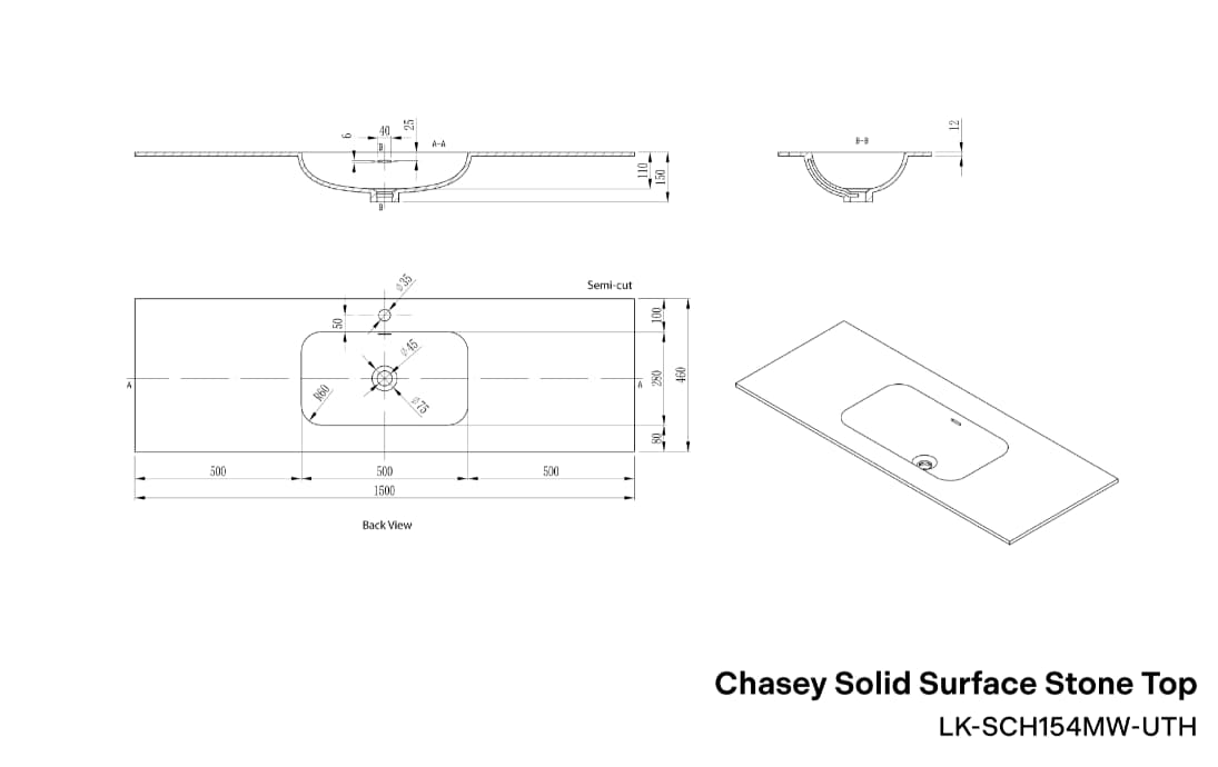 Lukka Chasey Solid Surface Undermount Vanity Top | 600mm-1800mm | Matt White / Matt Black