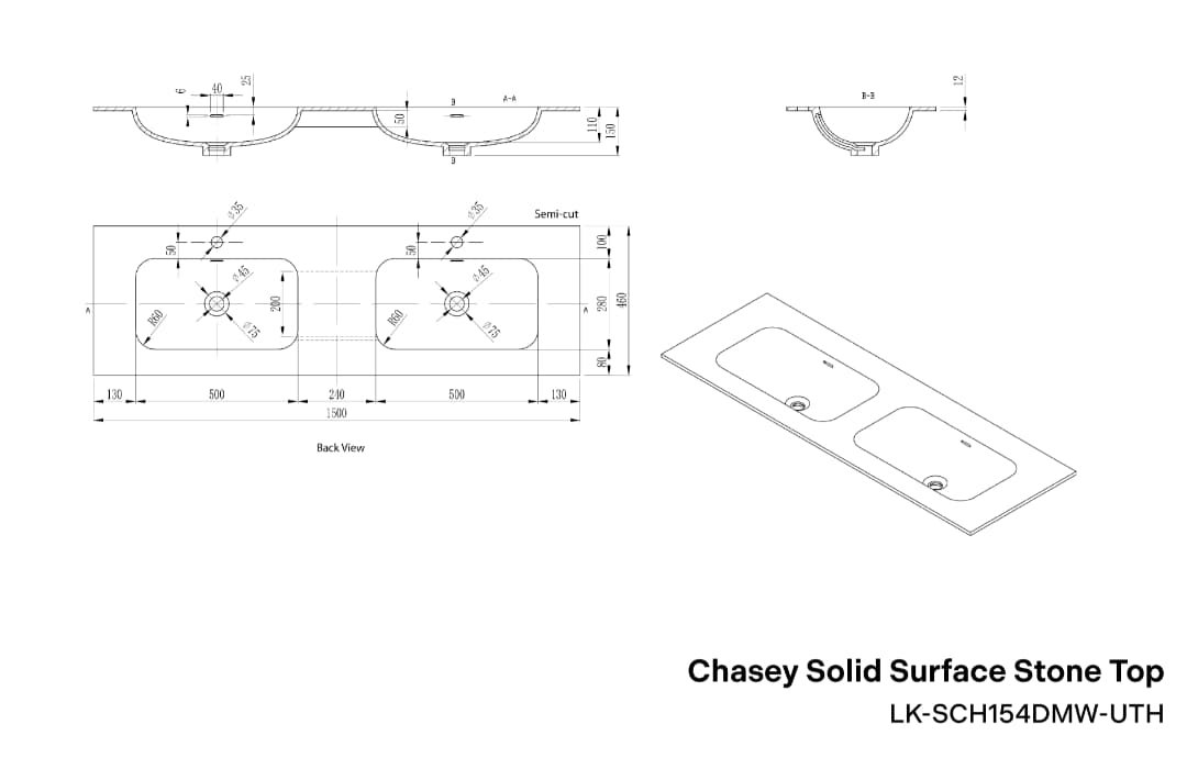 Lukka Chasey Solid Surface Undermount Vanity Top | 600mm-1800mm | Matt White / Matt Black
