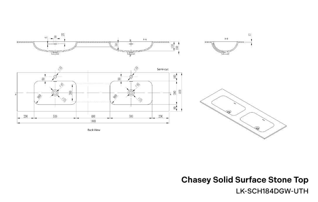 Lukka Chasey Solid Surface Undermount Vanity Top | 600mm-1800mm | Matt White / Matt Black