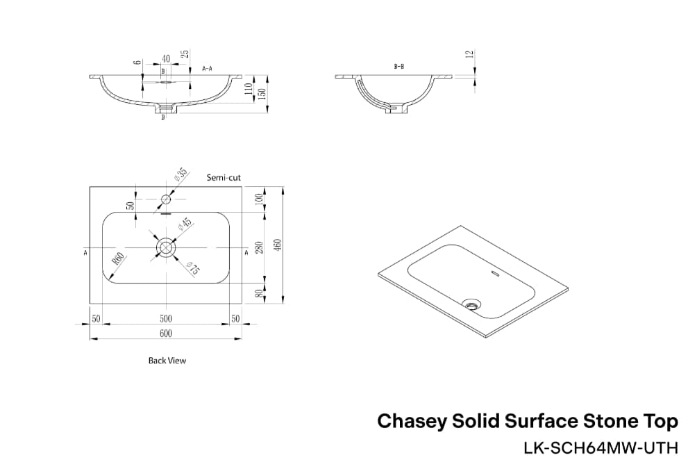 Lukka Chasey Solid Surface Undermount Vanity Top | 600mm-1800mm | Matt White / Matt Black