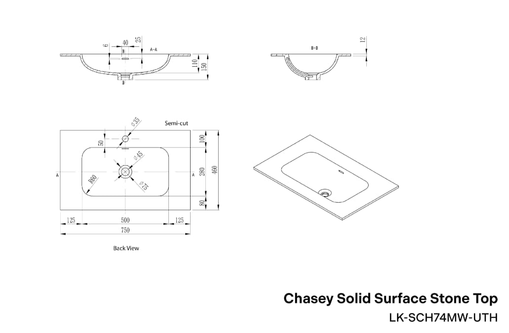 Lukka Chasey Solid Surface Undermount Vanity Top | 600mm-1800mm | Matt White / Matt Black