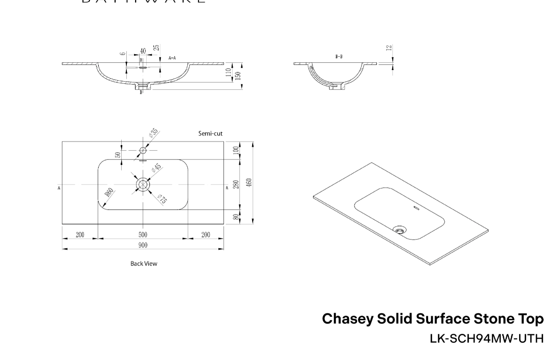 Lukka Chasey Solid Surface Undermount Vanity Top | 600mm-1800mm | Matt White / Matt Black
