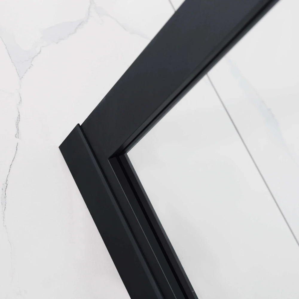 Close-up of a black frame on a Covey matte black framed walk-in shower screen