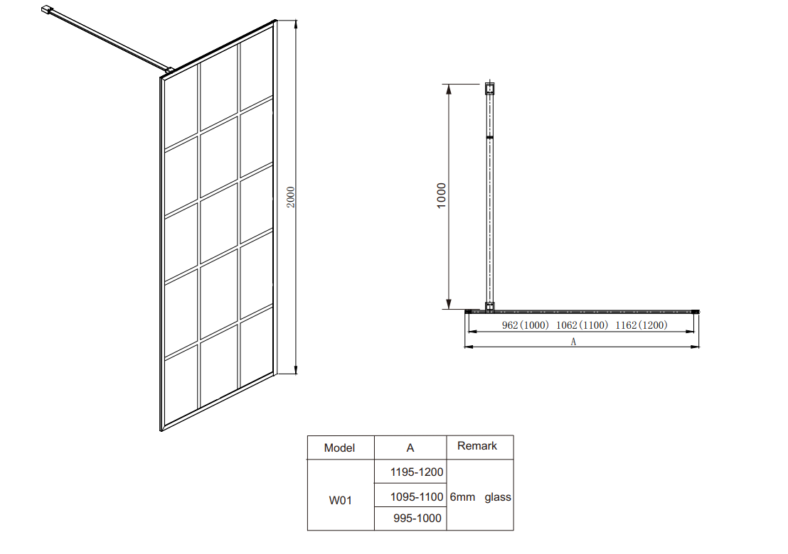 Technical drawing of a Covey matte black framed walk-in shower screen with dimensions and model details.
