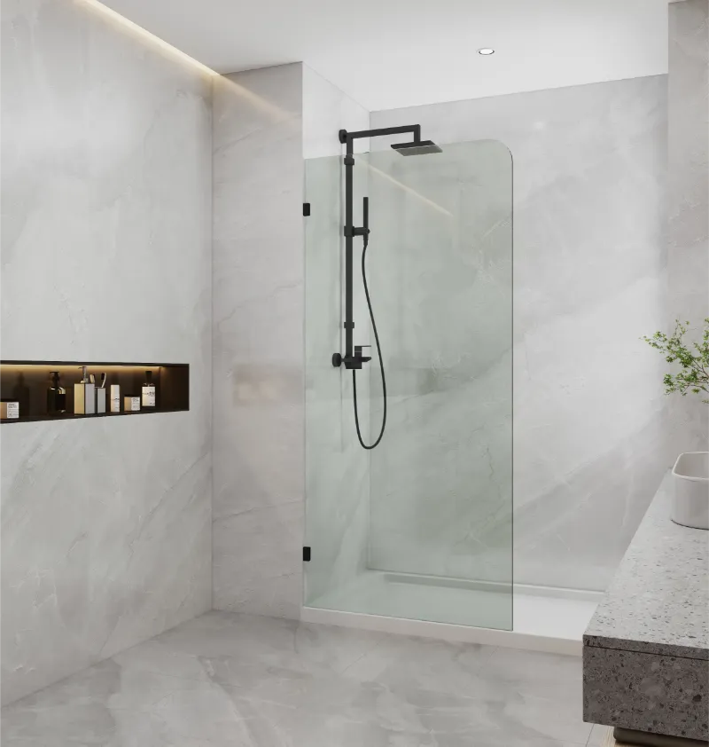 Covey frameless walk-in curved corner clear glass shower screen panel with matt black finish in modern bathroom