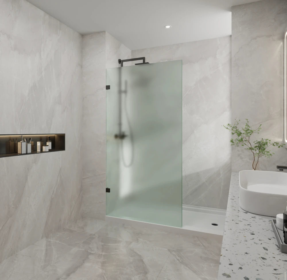Covey frameless walk-in shower screen panel in frosted Matralux 10mm safety glass for modern bathrooms
