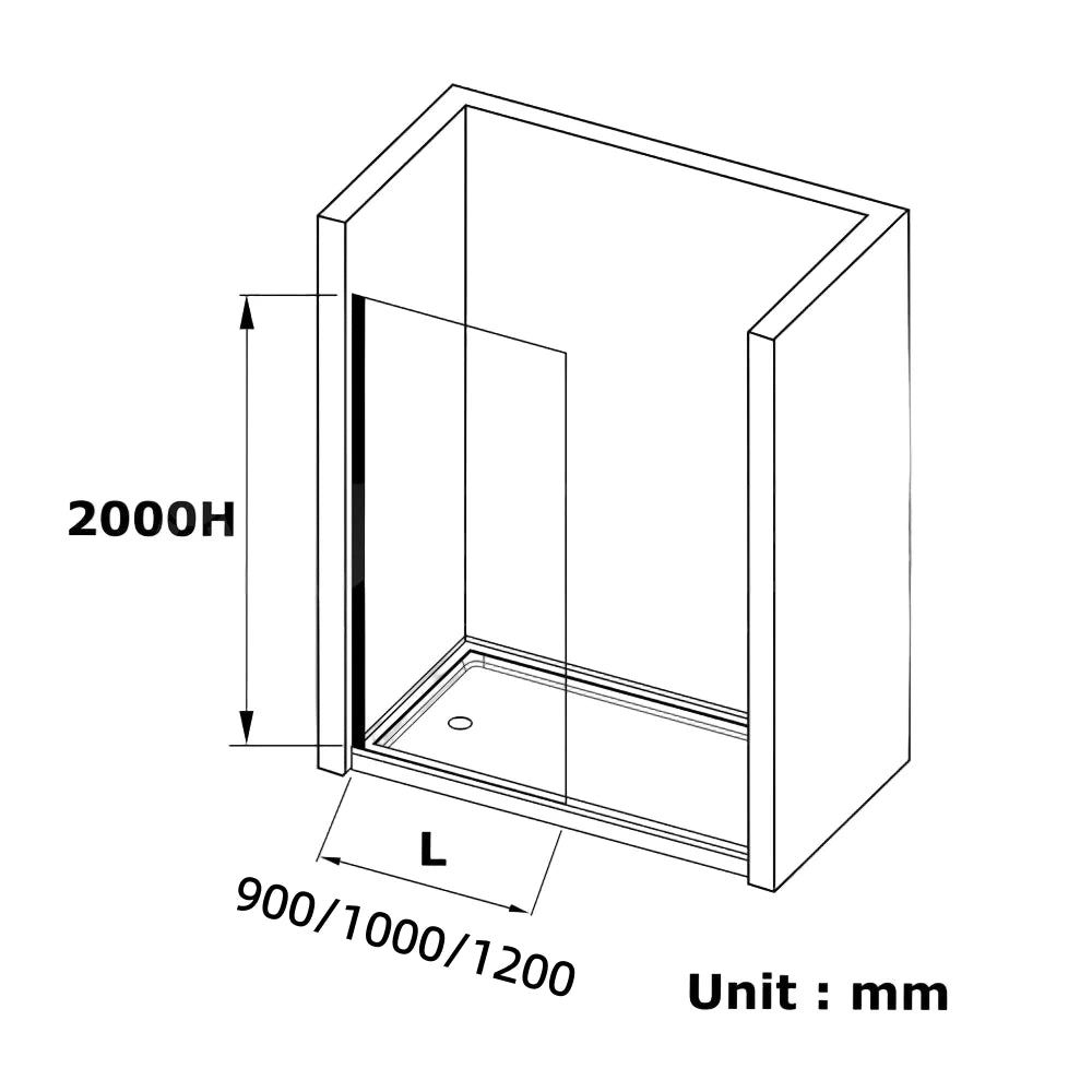 Size guide for Covey gradient glass walk-in shower screen with black U-channel available in 900mm 1000mm and 1200mm widths
