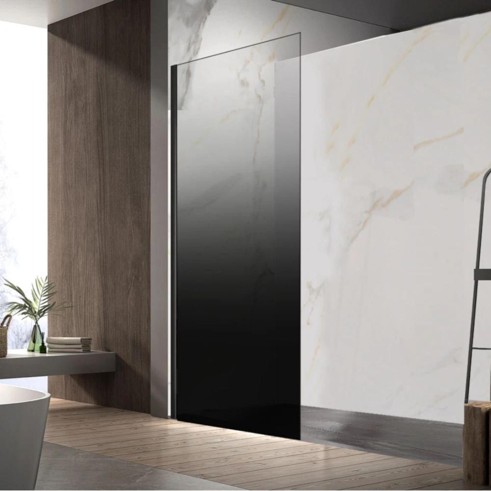 Covey frameless walk-in gradient glass shower screen panel with black U-channel support in a modern bathroom
